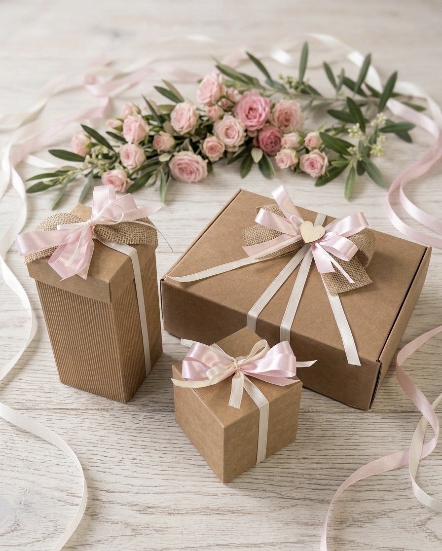 bomboniere-battesimo-bambina-olio-oliva-nastro-rosa Bomboniere per battesimo di una bambina con bottigliette di olio extra vergine di oliva in confezioni avana decorate con nastro rosa e cuoricini
