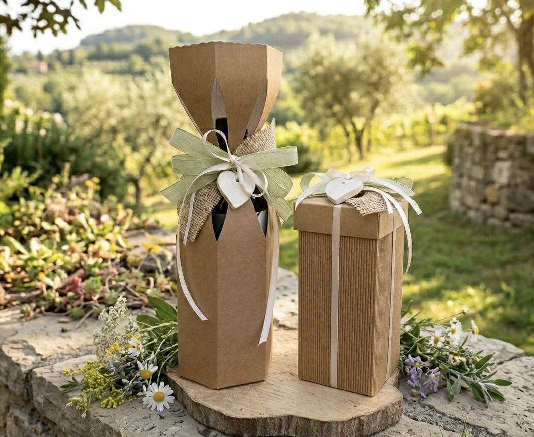bomboniere-confezioni-regalo-cuori-fiori Bomboniere confezionate con decorazioni a forma di cuore e fiore, immerse nel verde del giardino