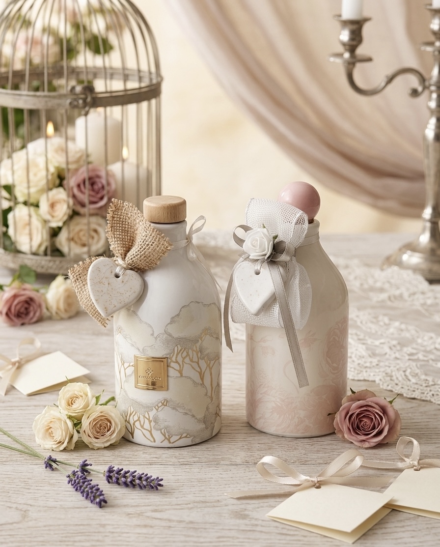 bomboniere-due-oliere-ceramica Due oliere in ceramica decorate con nastri e cuori, confezionate come bomboniere