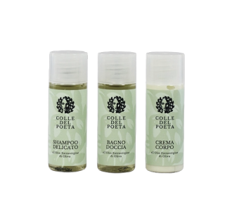 Kit viaggio con olio extra vergine di oliva shampoo 30ml, bagno doccia 30ml, crema corpo 30ml Colle del Poeta