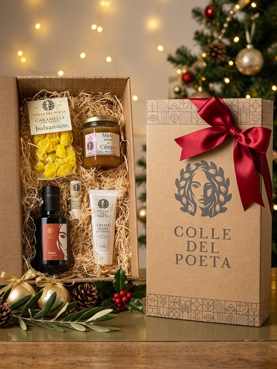 Cesta Laura - Box Natalizia Colle del Poeta con olio extra vergine di oliva Origine 250ml Crema mani, Burro cacao, Caramelle Balsamiche e Miele Italiano di Ciliegio