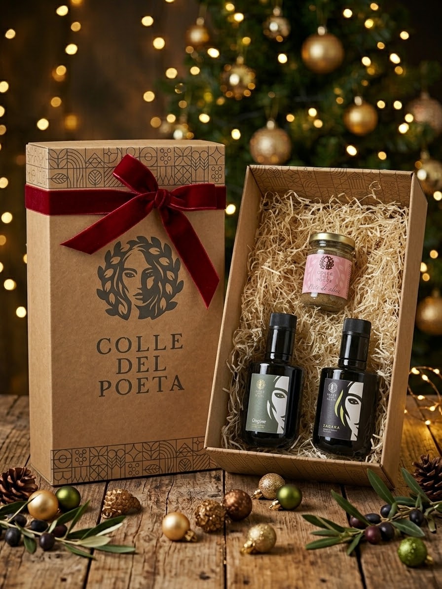 Cesta Sinfonia - Box Natalizia Colle del Poeta con Olio extra vergine Origine 250ml, condimento al limone Zagara 250ml e Patè di olive