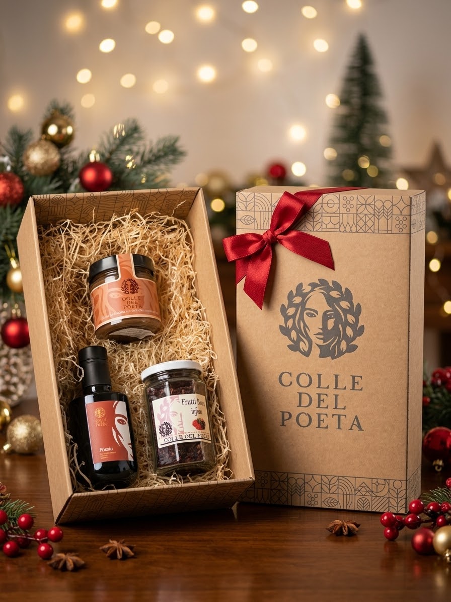 Cesta Canzoniere - Box Natalizia Colle del Poeta con olio extra vergine di oliva Poesia 250ml, Infuso ai Frutti di Bosco, Crema Spalmabile alle nocciole con olio EVO